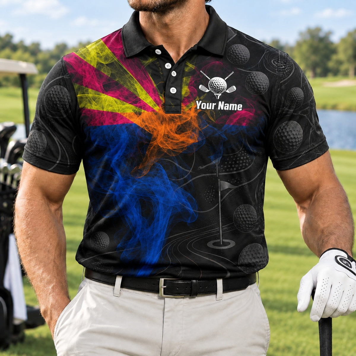Golf Flag And Smoke Graphic Personalized Golf Polo Shirt Front View