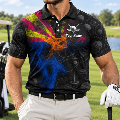Golf Flag And Smoke Graphic Personalized Golf Polo Shirt Front View