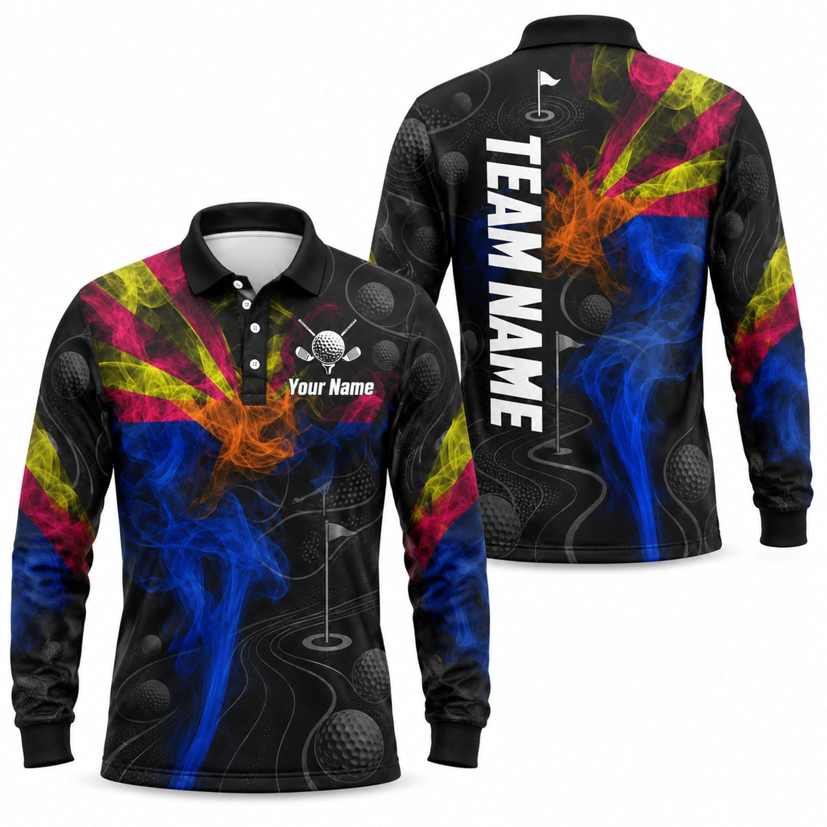 Golf Flag And Smoke Graphic Personalized Golf Polo Shirt Long Sleeve Polo