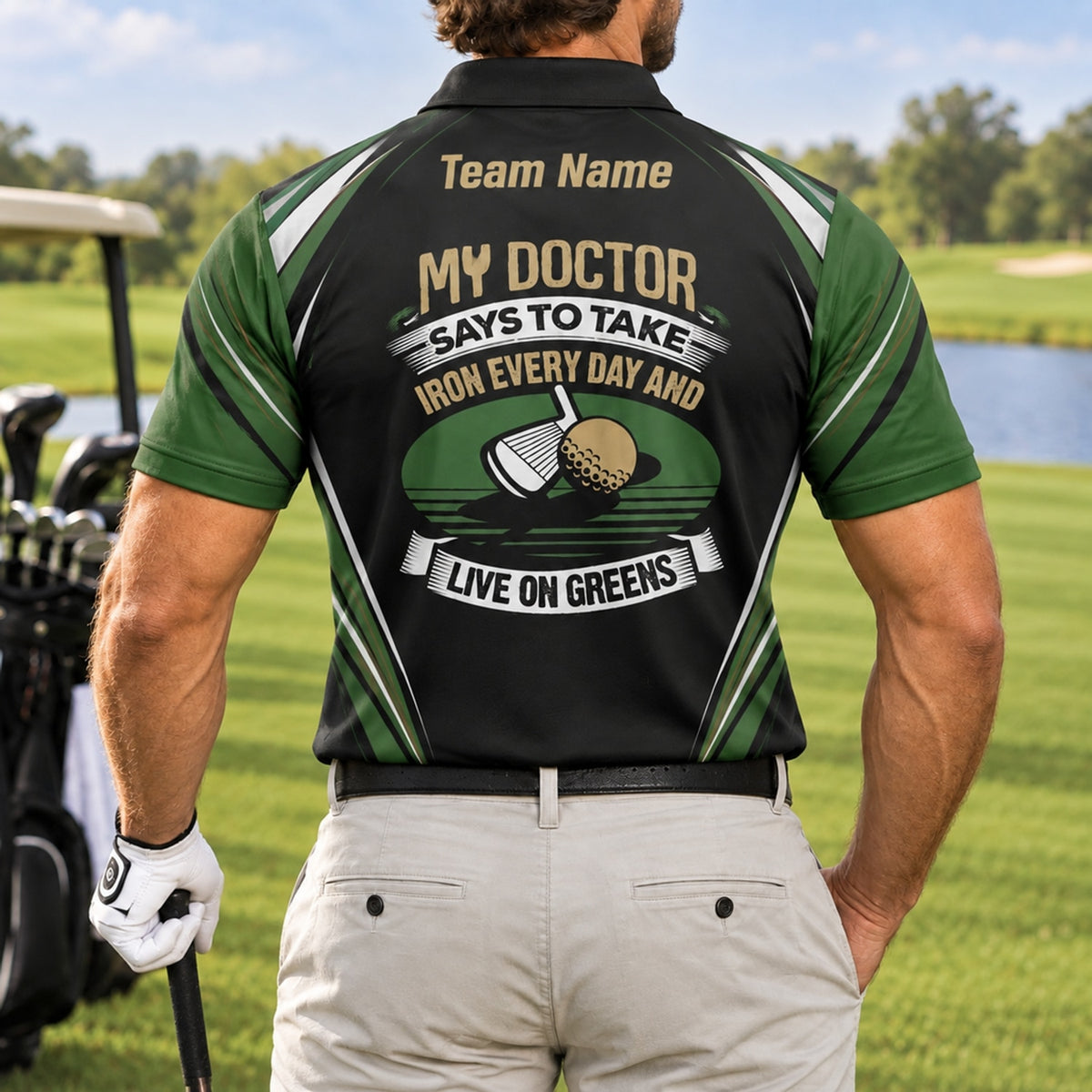 Golf Iron And Greens Quote Sport Personalized Golf Polo Shirt Back View