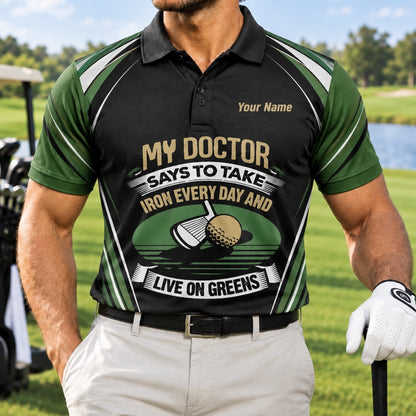 Golf Iron And Greens Quote Sport Personalized Golf Polo Shirt Front View