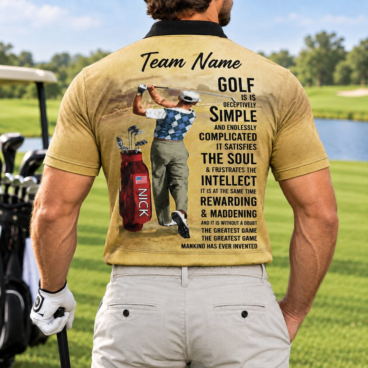 Golf Is Deceptively Simple Quote Personalized Golf Polo Shirt Back View
