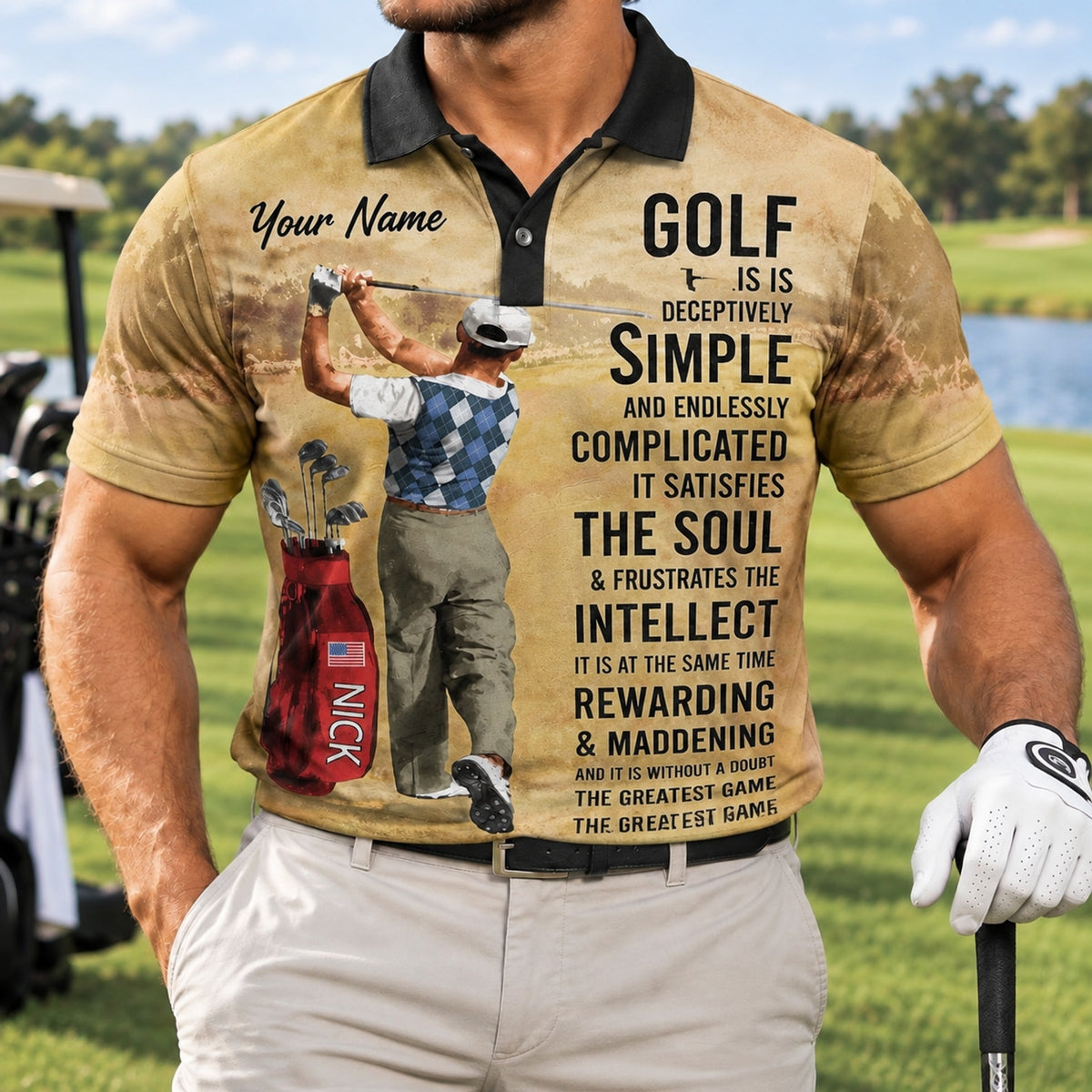 Golf Is Deceptively Simple Quote Personalized Golf Polo Shirt Front View
