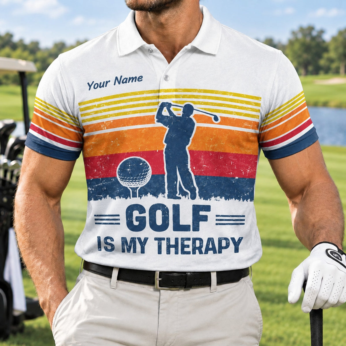 Golf Is My Therapy Golf Life Quote Personalized Golf Polo Shirt Front View