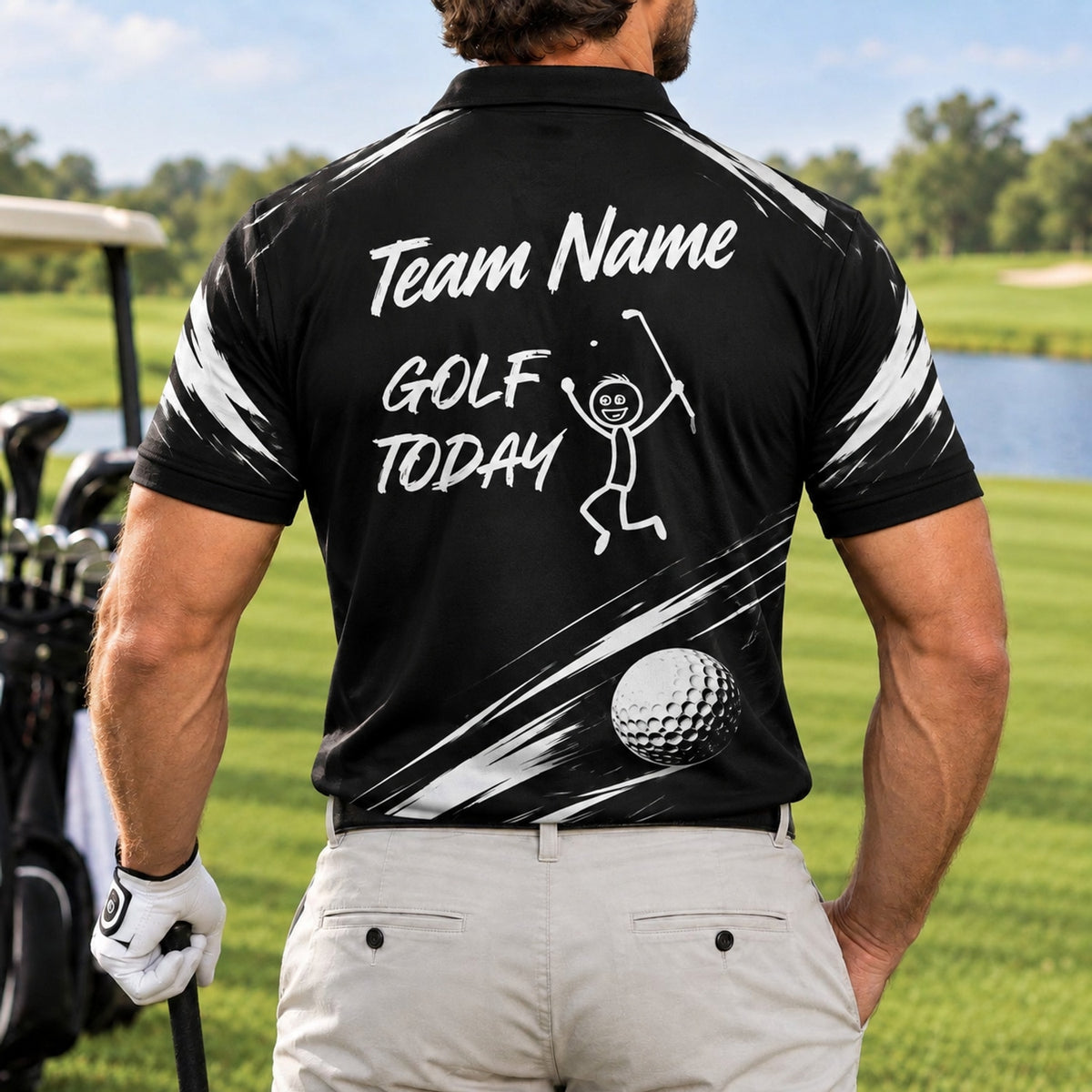 Golf Today Stick Figure Graphic Personalized Golf Polo Shirt Back View