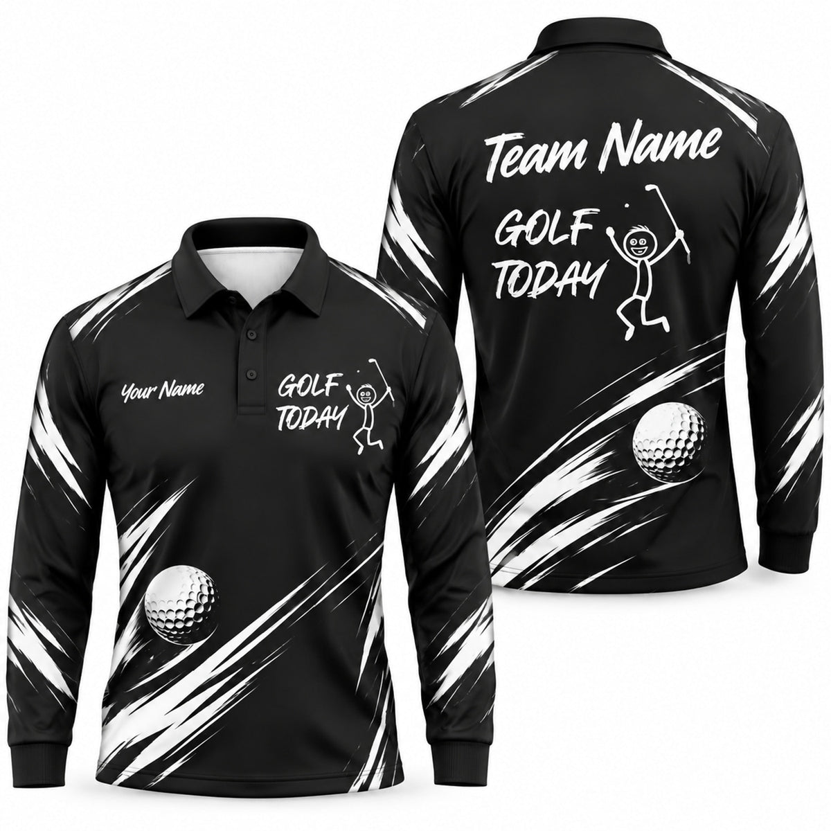 Golf Today Stick Figure Graphic Personalized Golf Polo Shirt Long Sleeve Polo