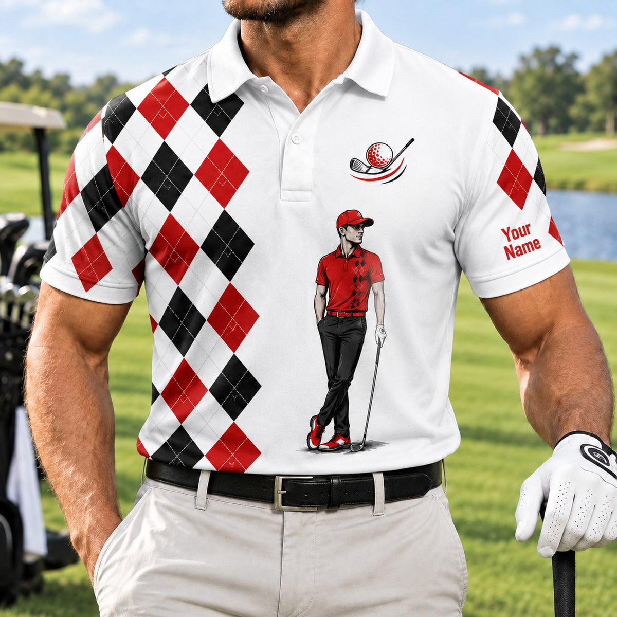 Golfer Illustration Sport Custom Golf Polo Shirt Front View
