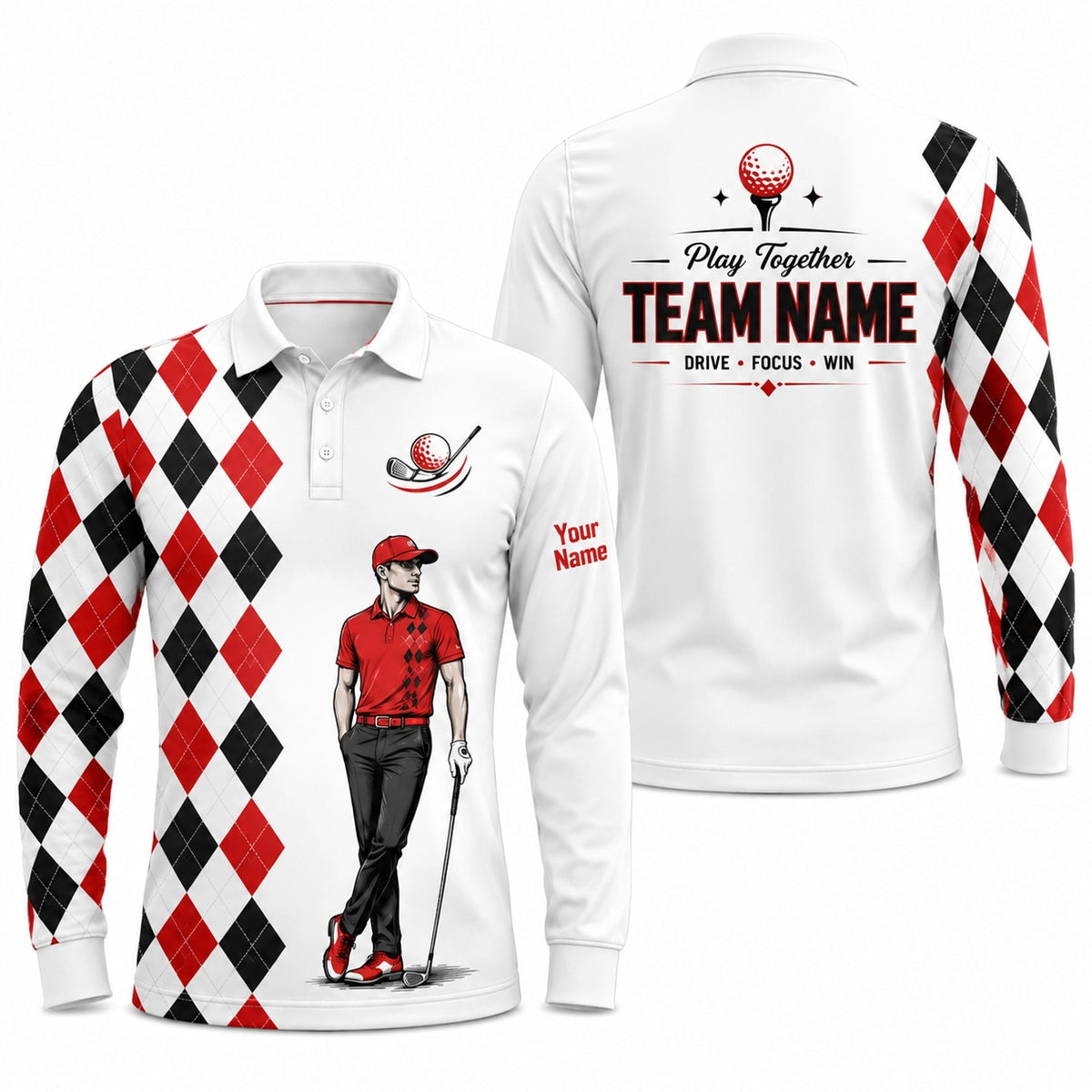 Golfer Illustration Sport Custom Golf Polo Shirt Long Sleeve Polo