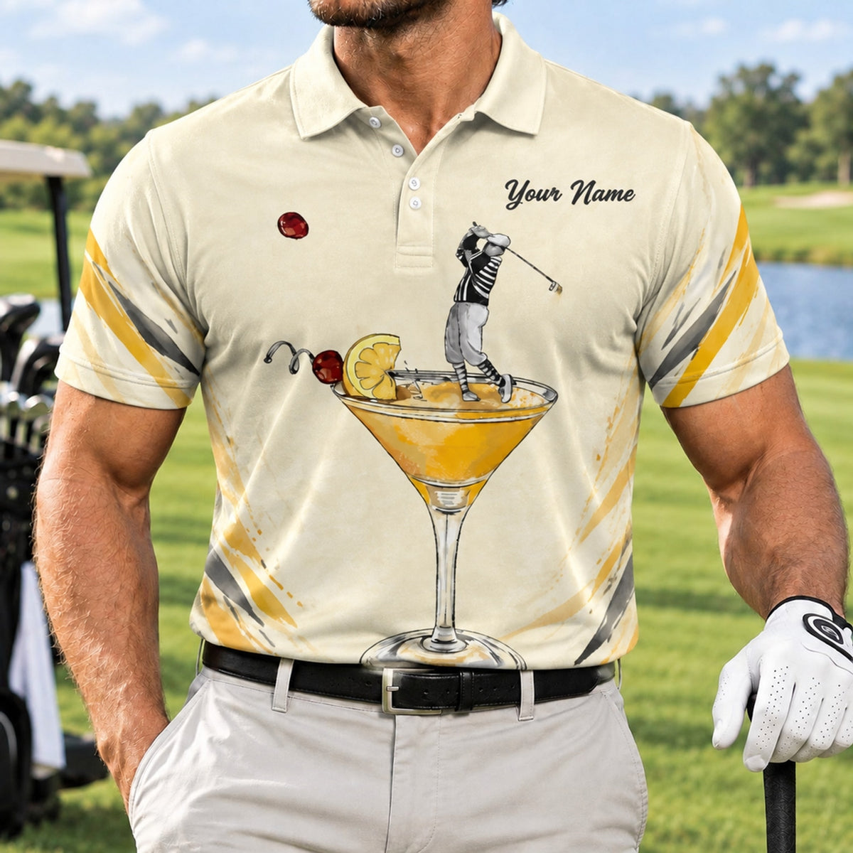 Golfer in Cocktail Glass Graphic Personalized Golf Polo Shirt Front View