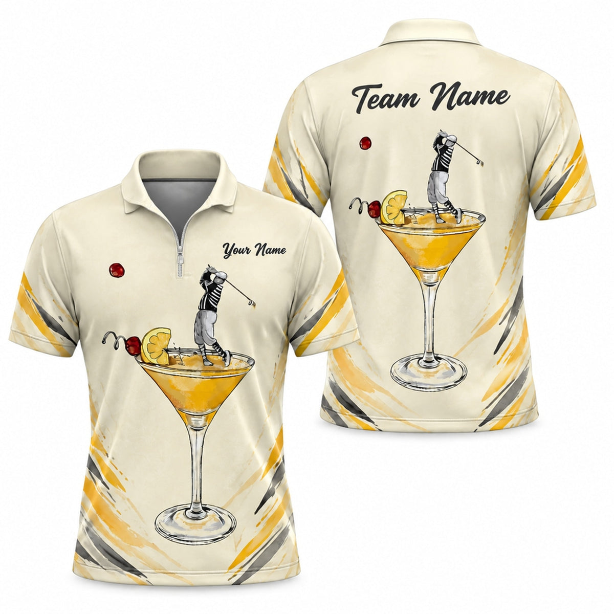 Golfer in Cocktail Glass Graphic Personalized Golf Polo Shirt Jersey Zip 1 4 Collar
