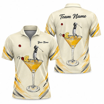 Golfer in Cocktail Glass Graphic Personalized Golf Polo Shirt Jersey Zip 1 4 Collar