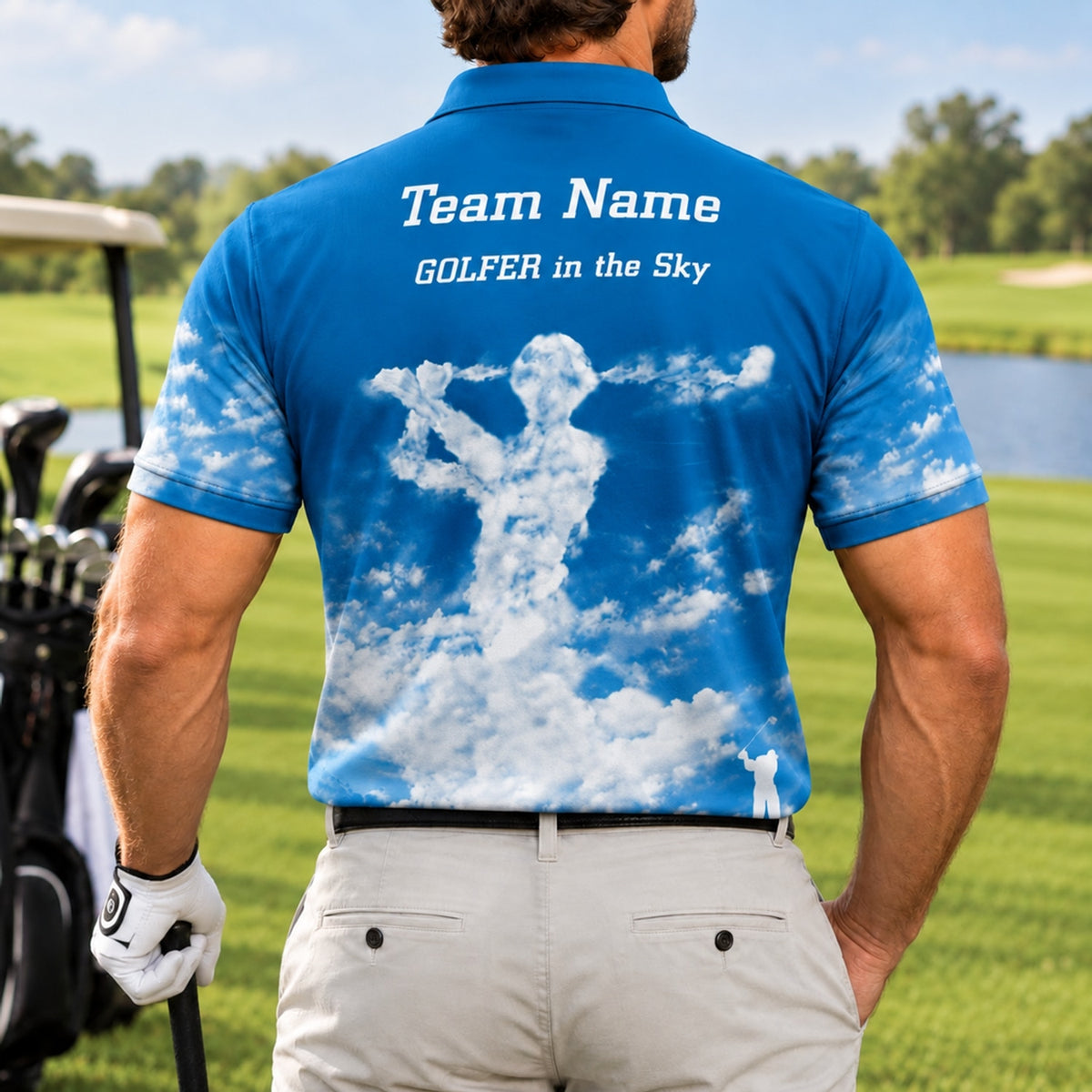 Golfer in the Sky Golf Life Quote Personalized Golf Polo Shirt Back View