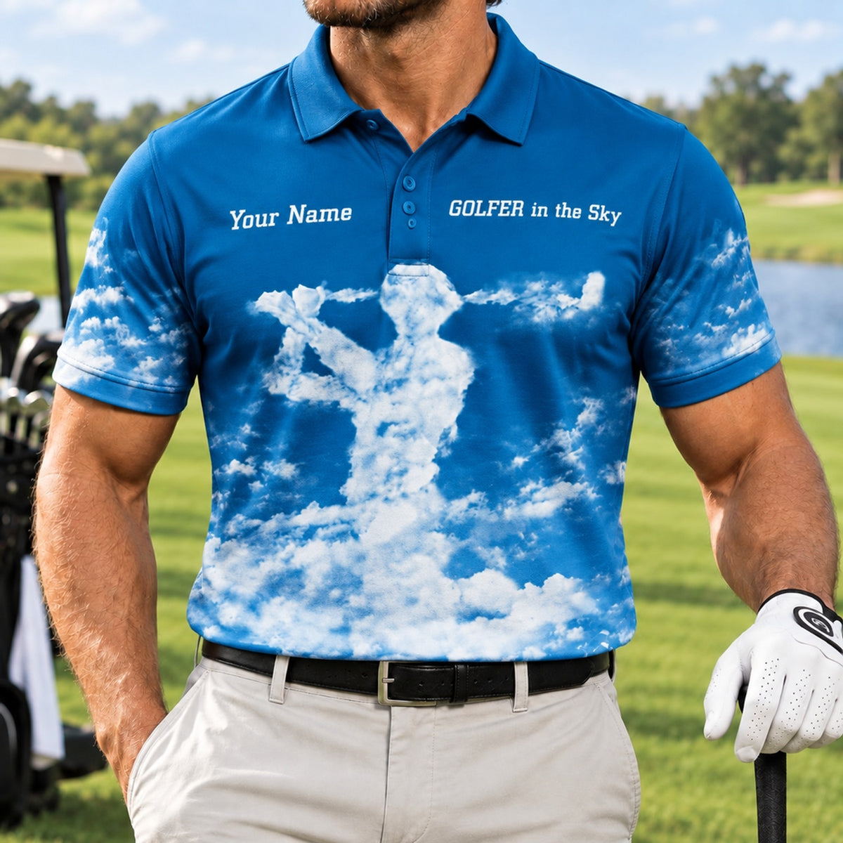 Golfer in the Sky Golf Life Quote Personalized Golf Polo Shirt Front View