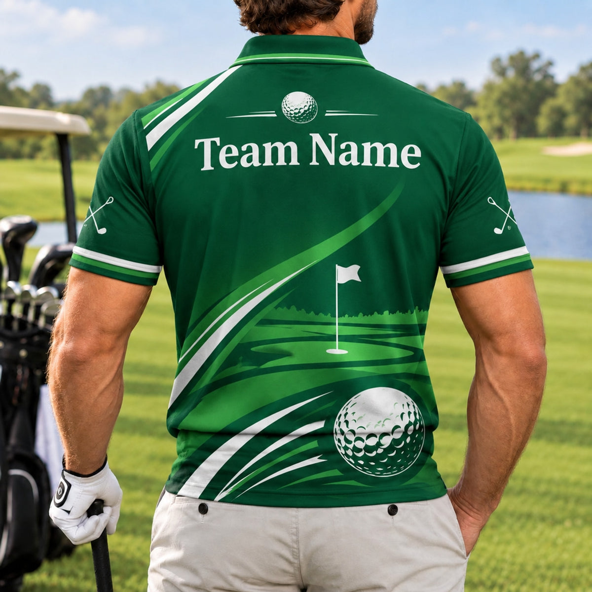 Golfer Silhouette and Flag Sport Personalized Golf Polo Shirt Back View