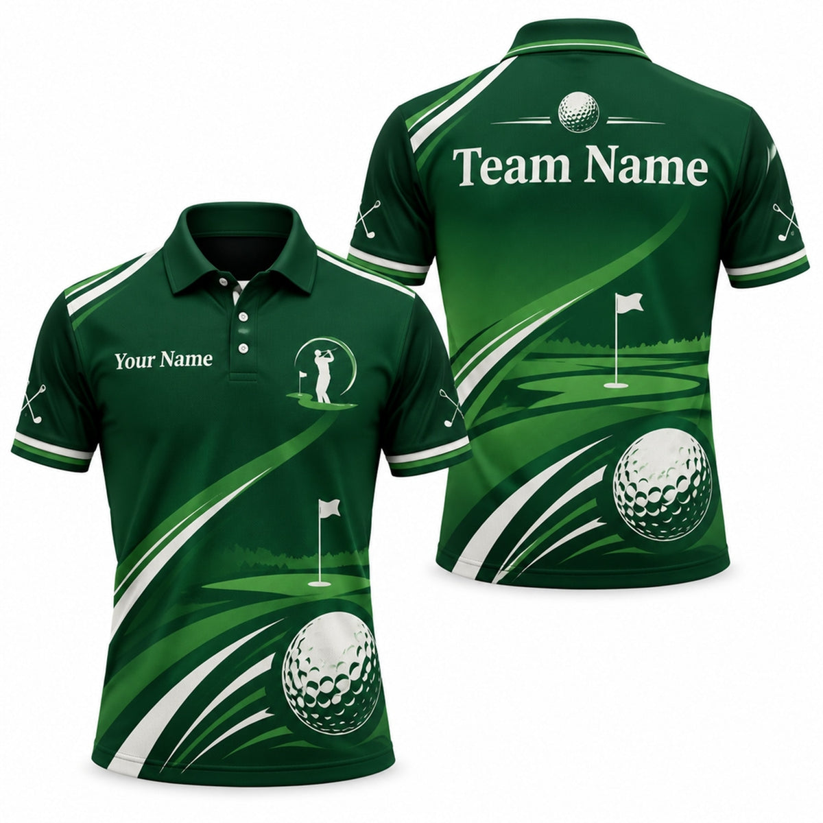 Golfer Silhouette and Flag Sport Personalized Golf Polo Shirt