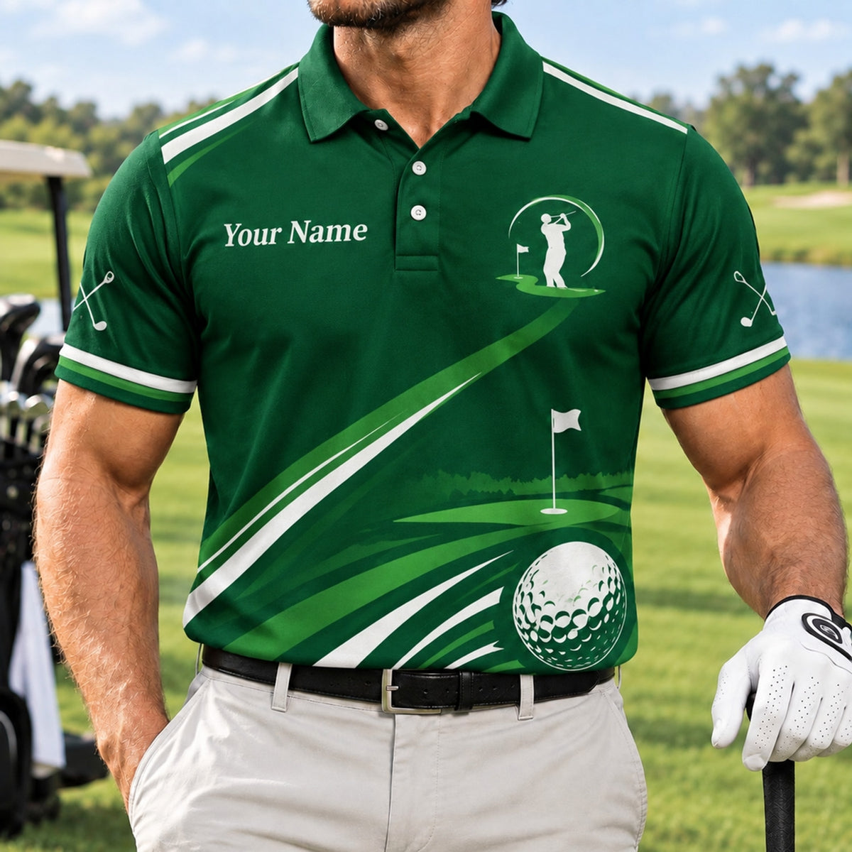 Golfer Silhouette and Flag Sport Personalized Golf Polo Shirt Front View