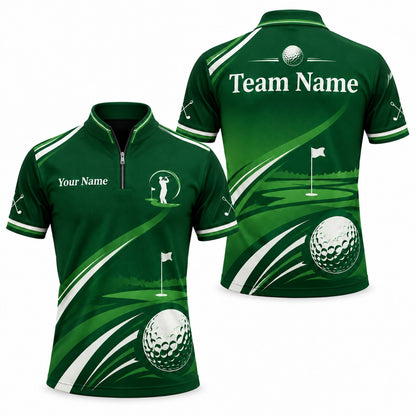 Golfer Silhouette and Flag Sport Personalized Golf Polo Shirt Jersey Zip 1 4 Collar