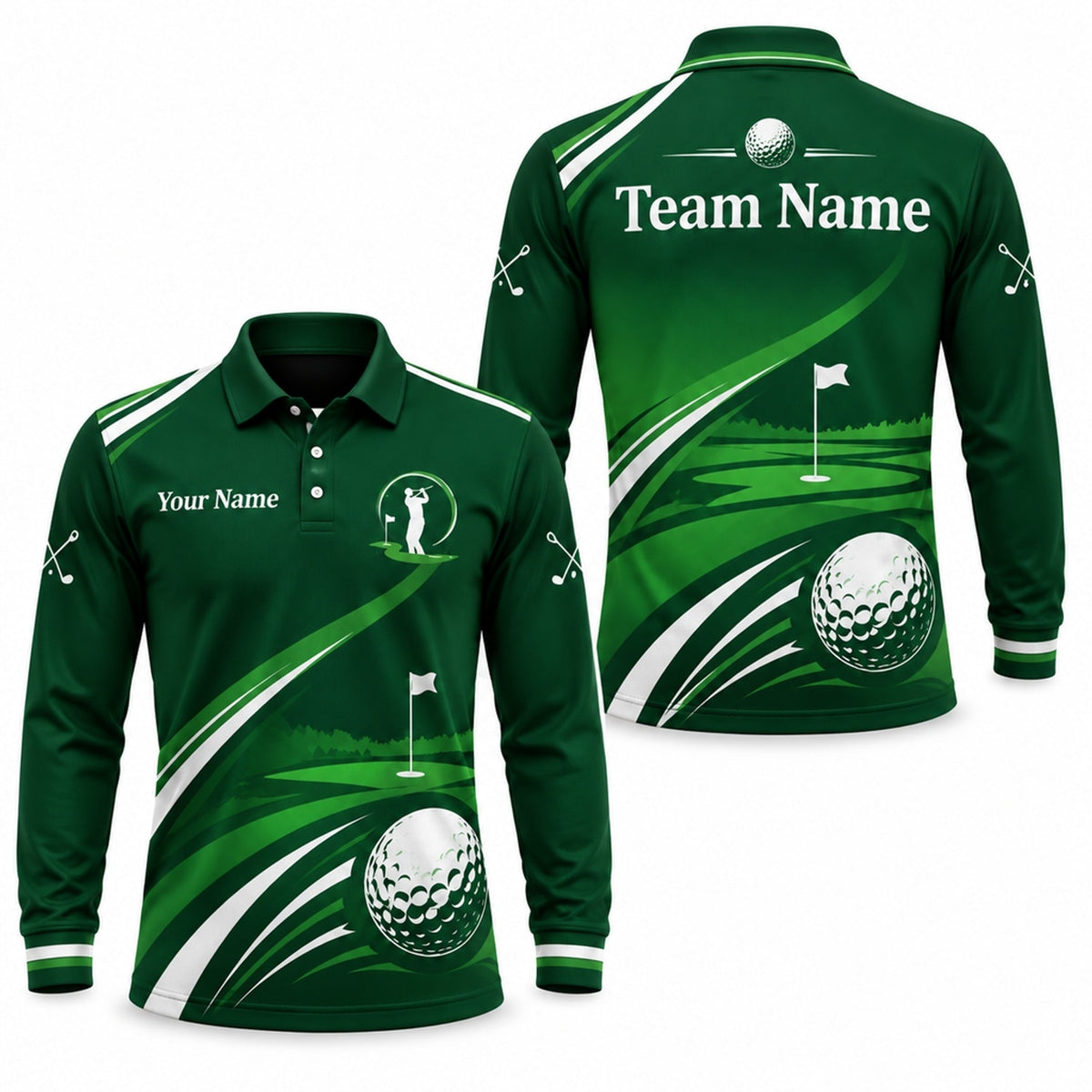 Golfer Silhouette and Flag Sport Personalized Golf Polo Shirt Long Sleeve Polo