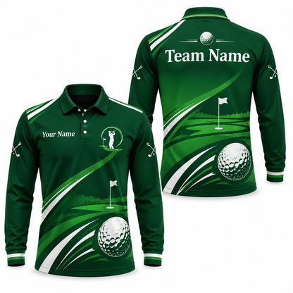 Golfer Silhouette and Flag Sport Personalized Golf Polo Shirt Long Sleeve Polo