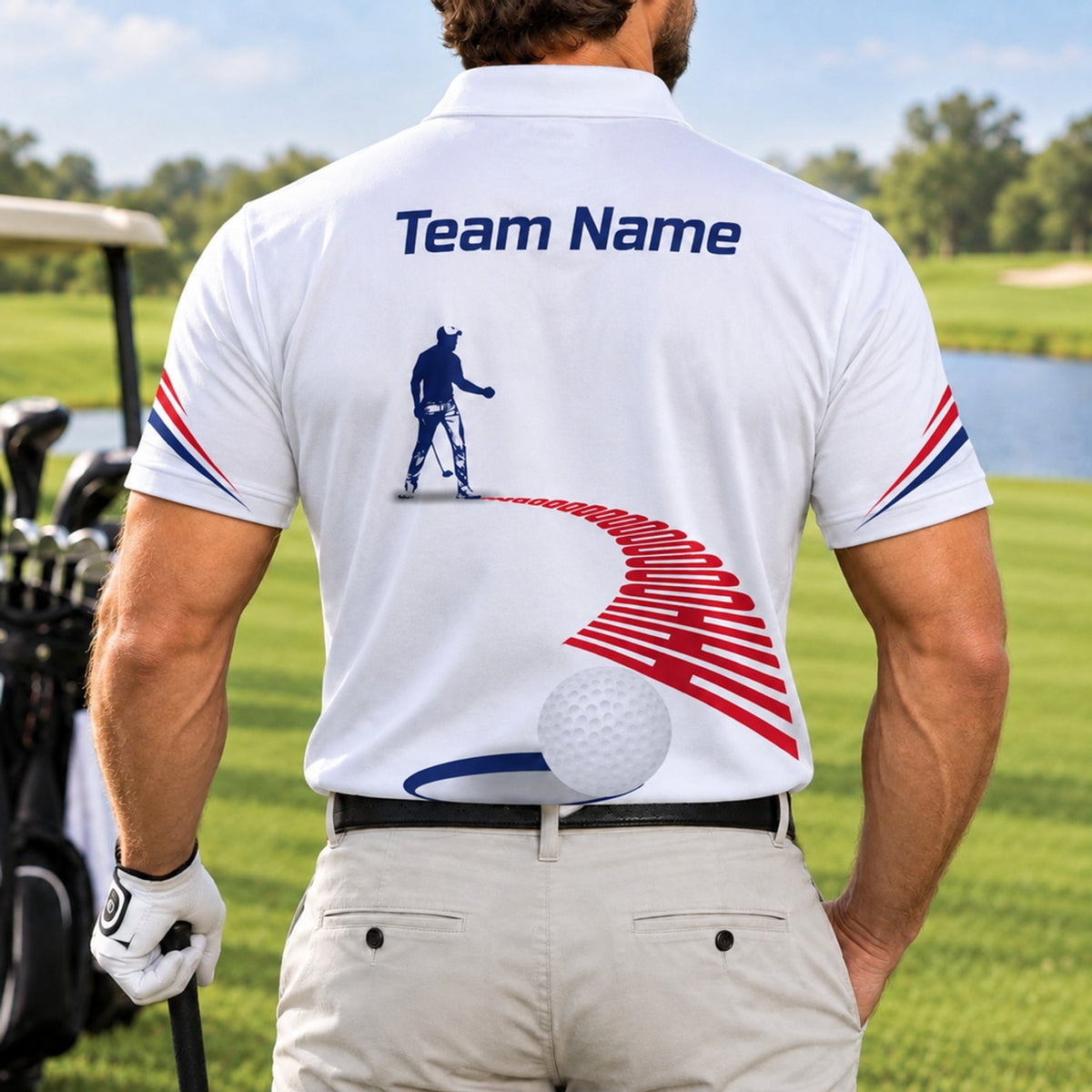 Golfer Silhouette and Golf Ball Sport Personalized Golf Polo Shirt Back View