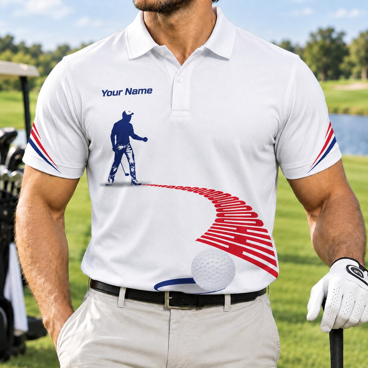 Golfer Silhouette and Golf Ball Sport Personalized Golf Polo Shirt Front View