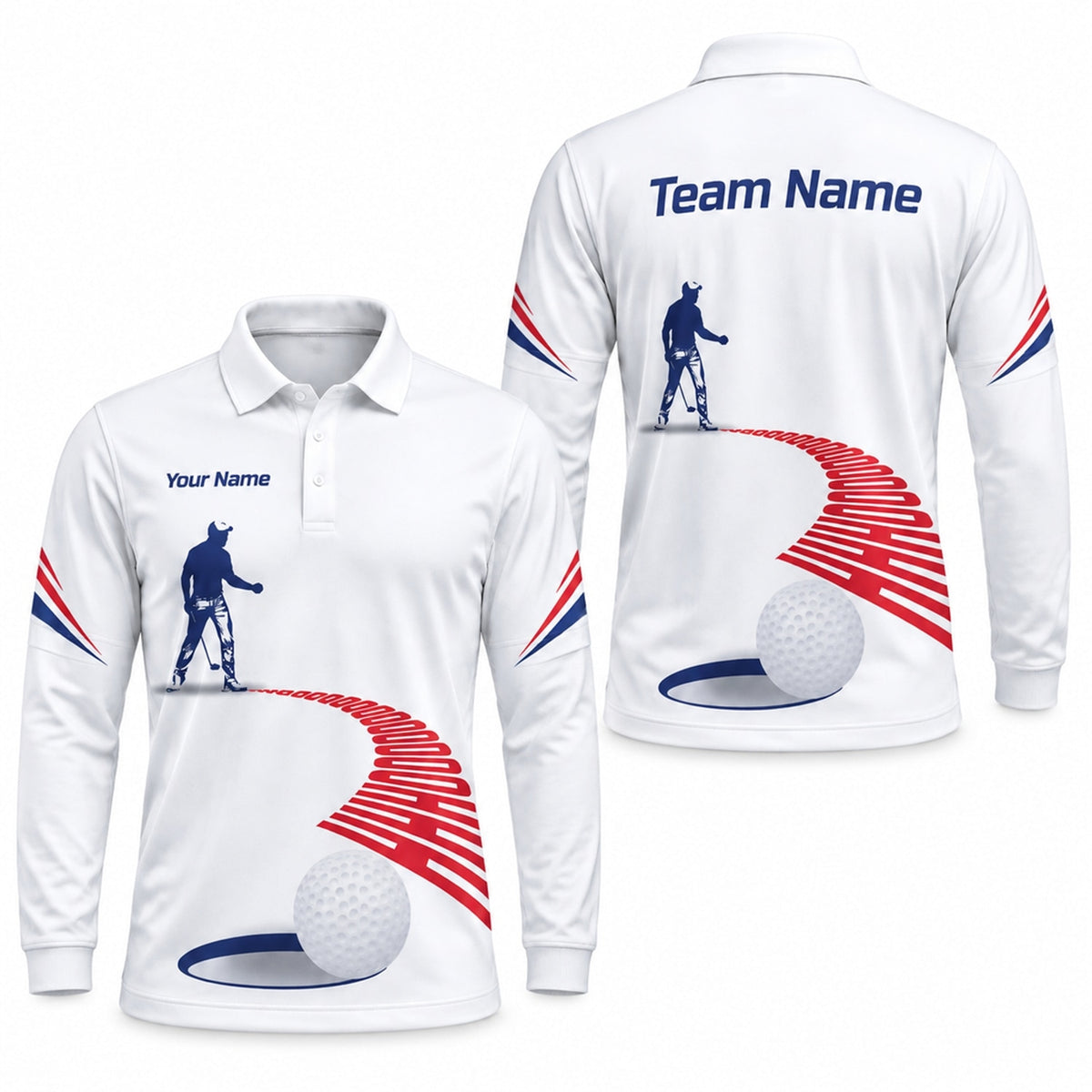 Golfer Silhouette and Golf Ball Sport Personalized Golf Polo Shirt Long Sleeve Polo