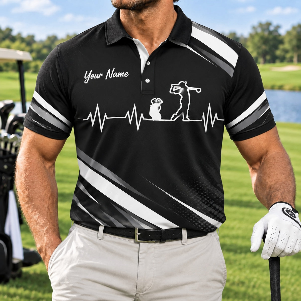 Golfer Silhouette Heartbeat Sport Custom Golf Polo Shirt Front View