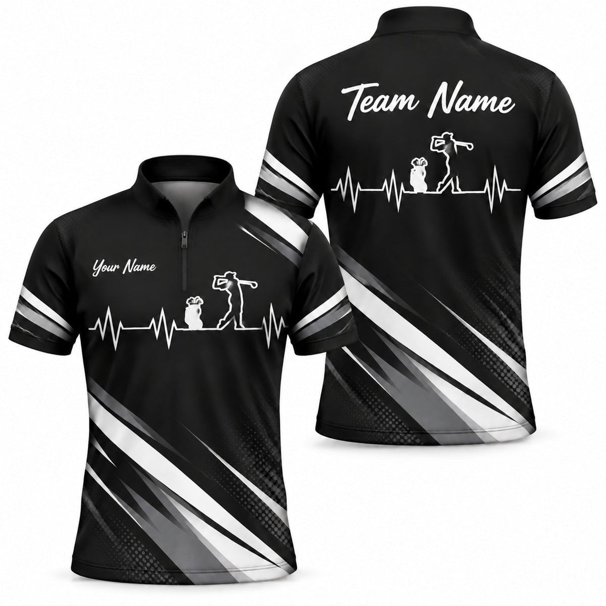 Golfer Silhouette Heartbeat Sport Custom Golf Polo Shirt Jersey Zip 1 4 Collar