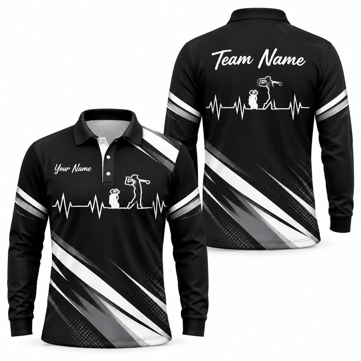 Golfer Silhouette Heartbeat Sport Custom Golf Polo Shirt Long Sleeve Polo
