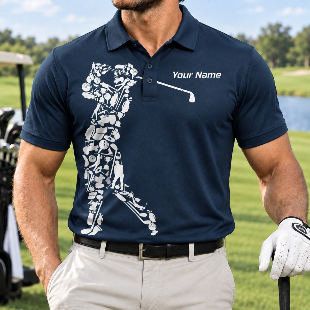 Golfer Silhouette Icon Collage Custom Golf Polo Shirt Front View