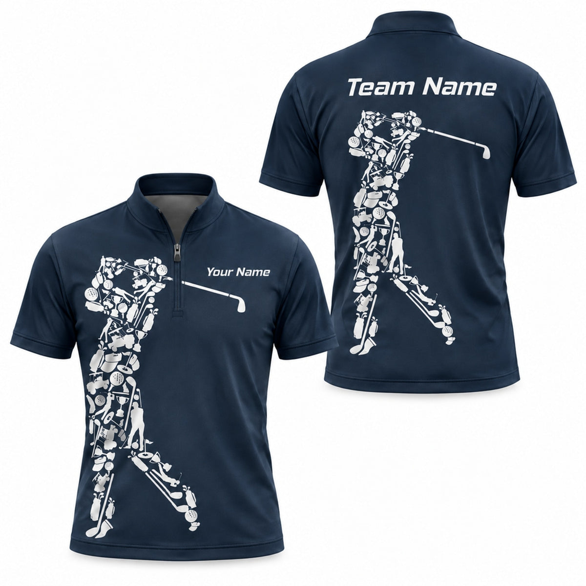 Golfer Silhouette Icon Collage Custom Golf Polo Shirt Jersey Zip 1 4 Collar