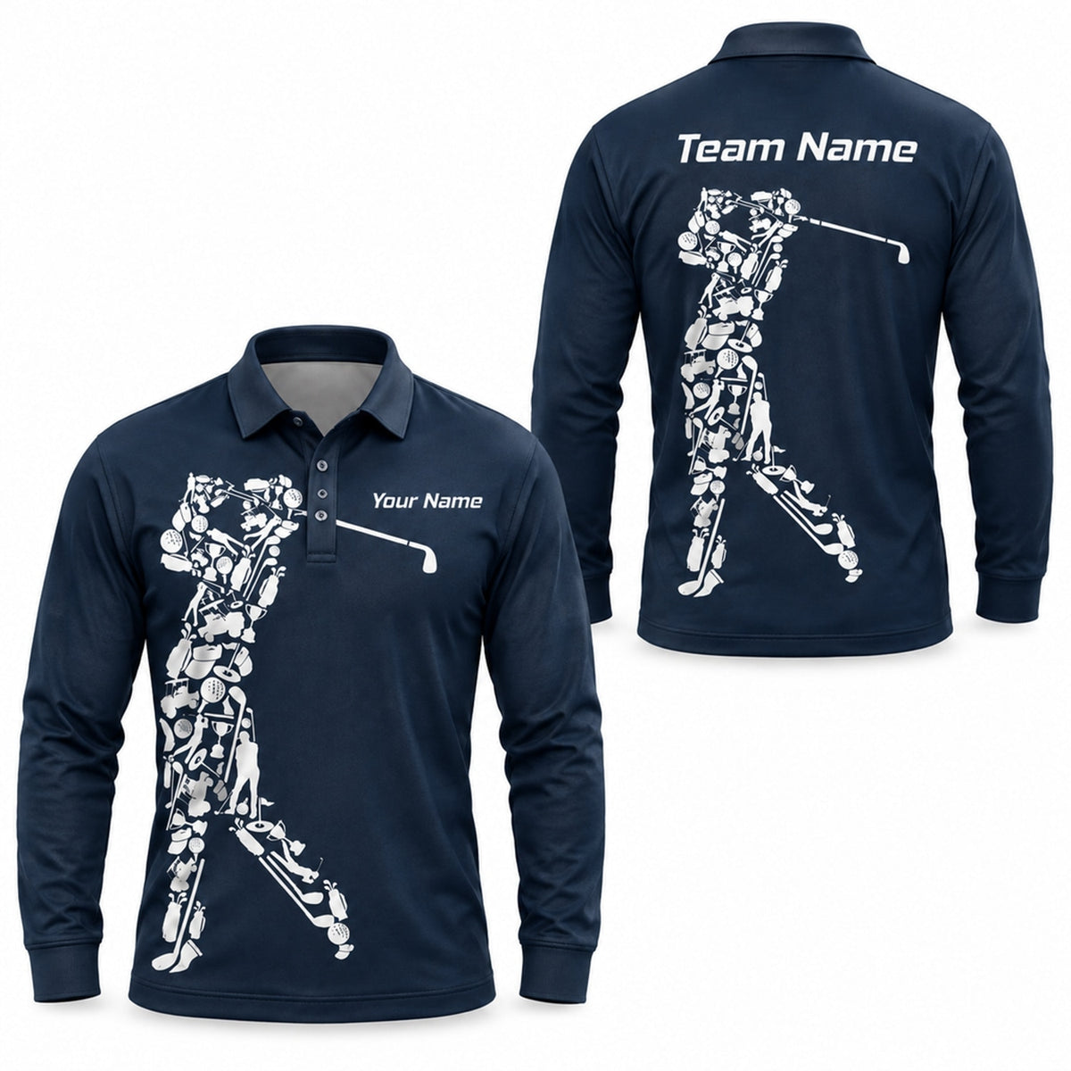 Golfer Silhouette Icon Collage Custom Golf Polo Shirt Long Sleeve Polo