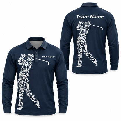 Golfer Silhouette Icon Collage Custom Golf Polo Shirt Long Sleeve Polo