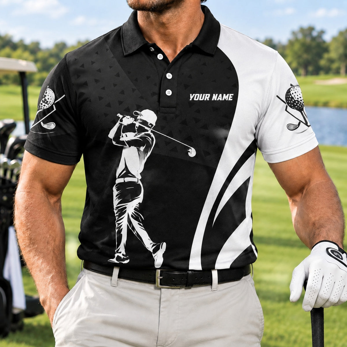 Golfer Silhouette Sport Personalized Golf Polo Shirt Front View