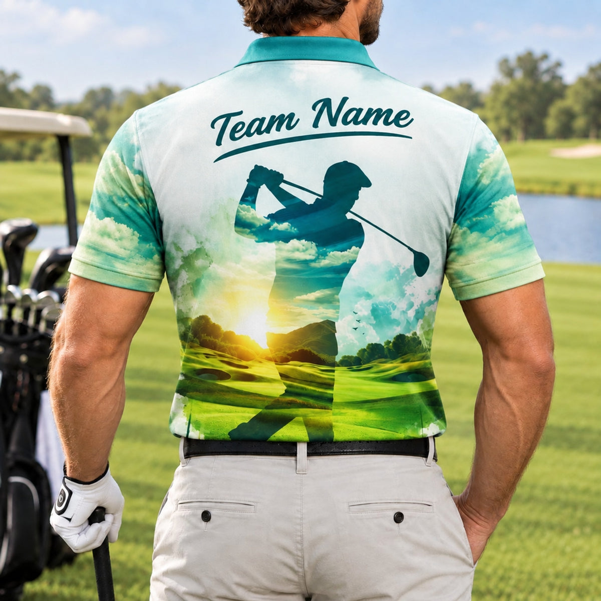 Golfer Silhouette Sunset Landscape Custom Golf Polo Shirt Back View