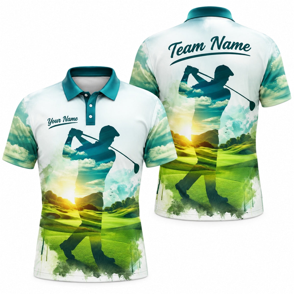 Golfer Silhouette Sunset Landscape Custom Golf Polo Shirt