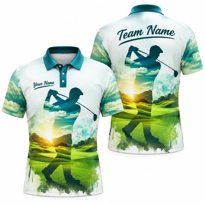 Golfer Silhouette Sunset Landscape Custom Golf Polo Shirt
