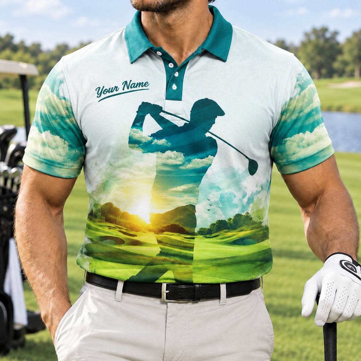 Golfer Silhouette Sunset Landscape Custom Golf Polo Shirt Front View