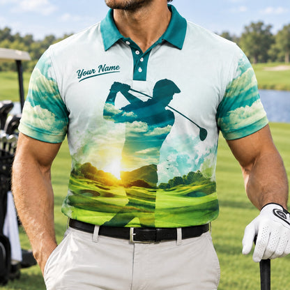 Golfer Silhouette Sunset Landscape Custom Golf Polo Shirt Front View