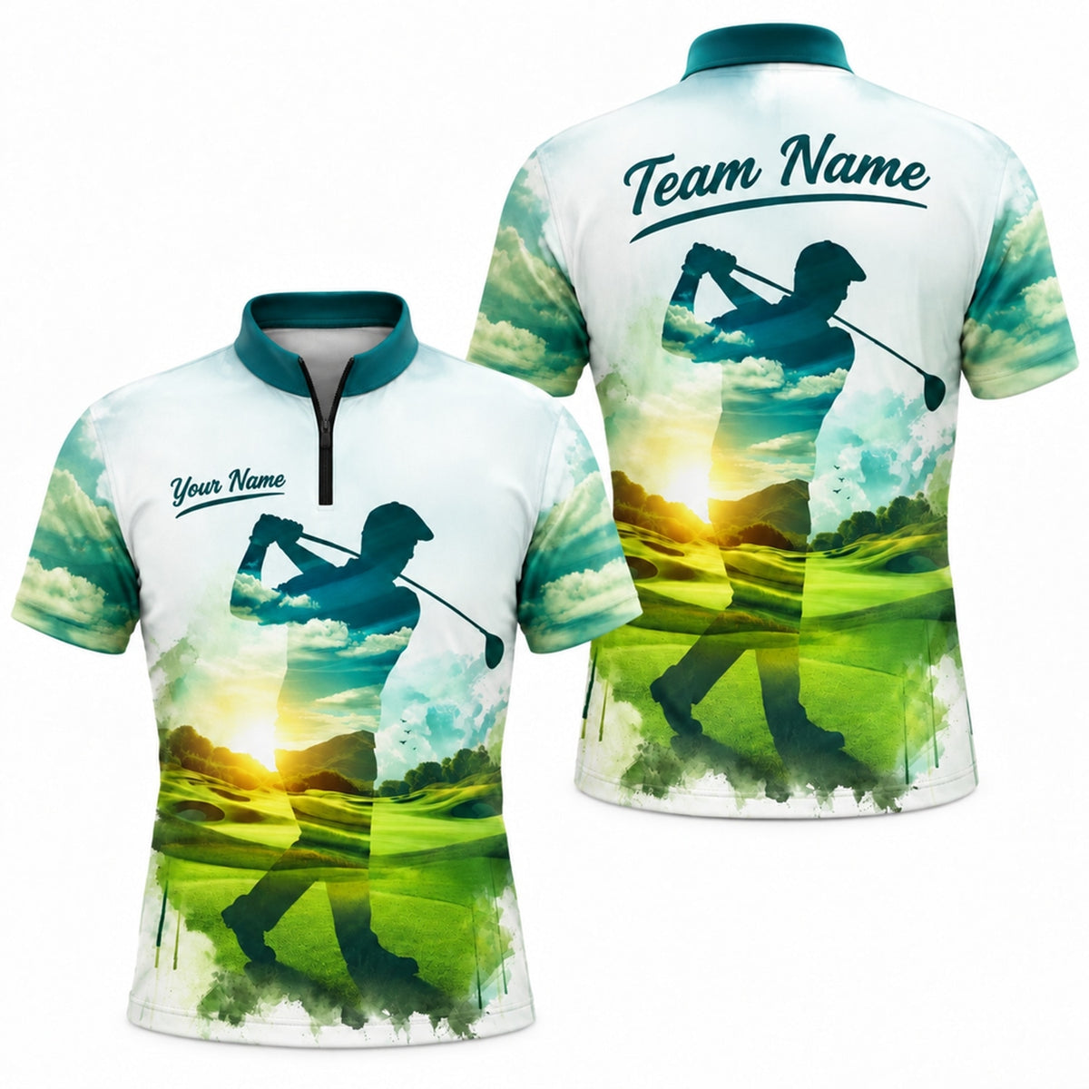 Golfer Silhouette Sunset Landscape Custom Golf Polo Shirt Jersey Zip 1 4 Collar