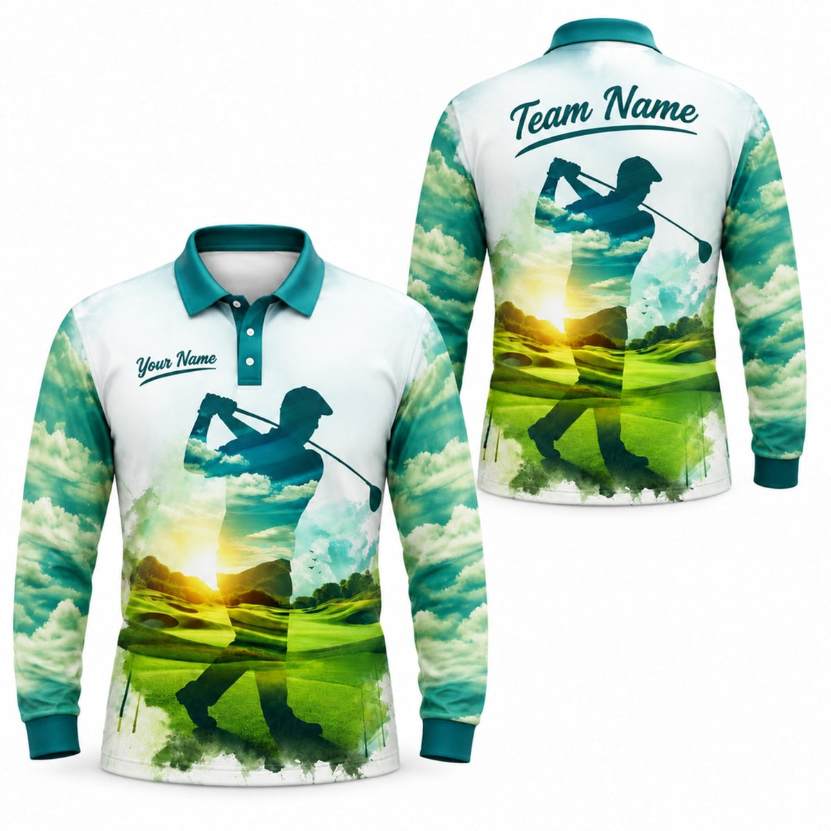 Golfer Silhouette Sunset Landscape Custom Golf Polo Shirt Long Sleeve Polo