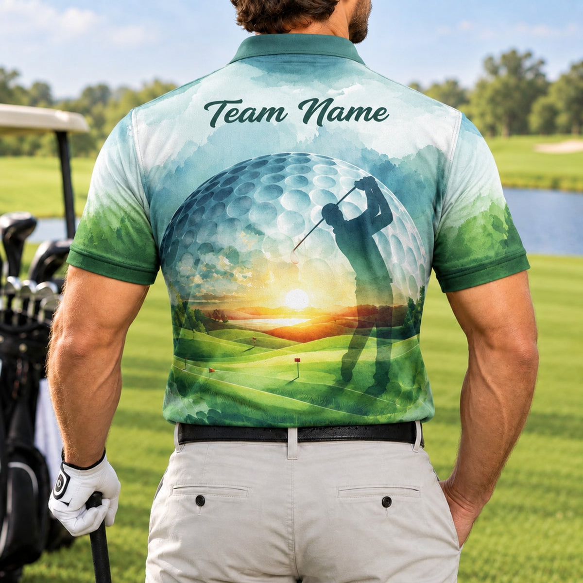 Golfer Silhouette Sunset Landscape Personalized Golf Polo Shirt Back View