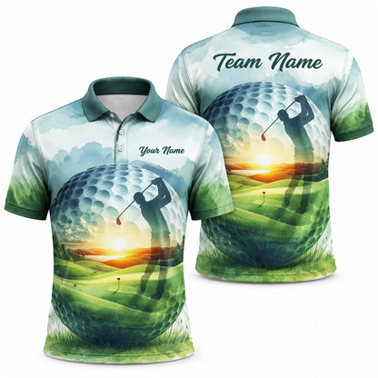 Golfer Silhouette Sunset Landscape Personalized Golf Polo Shirt