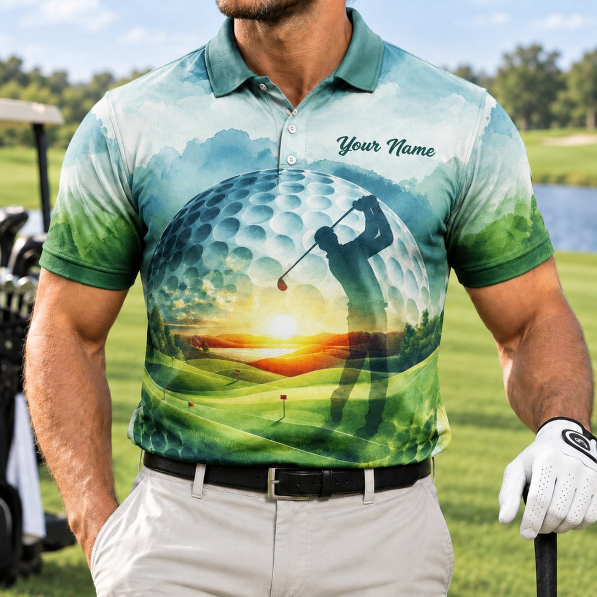 Golfer Silhouette Sunset Landscape Personalized Golf Polo Shirt Front View