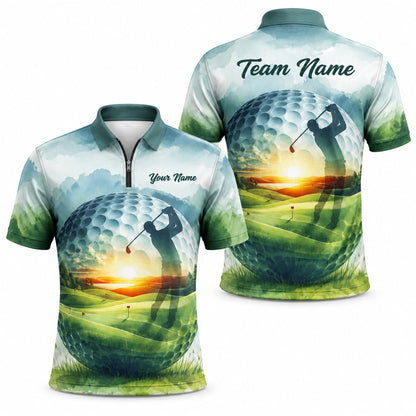 Golfer Silhouette Sunset Landscape Personalized Golf Polo Shirt Jersey Zip 1 4 Collar