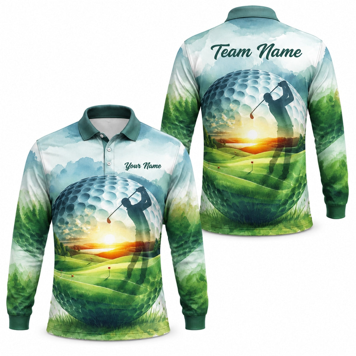 Golfer Silhouette Sunset Landscape Personalized Golf Polo Shirt Long Sleeve Polo