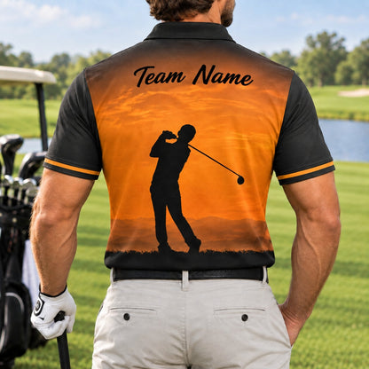 Golfer Silhouette Sunset Sport Personalized Golf Polo Shirt Back View