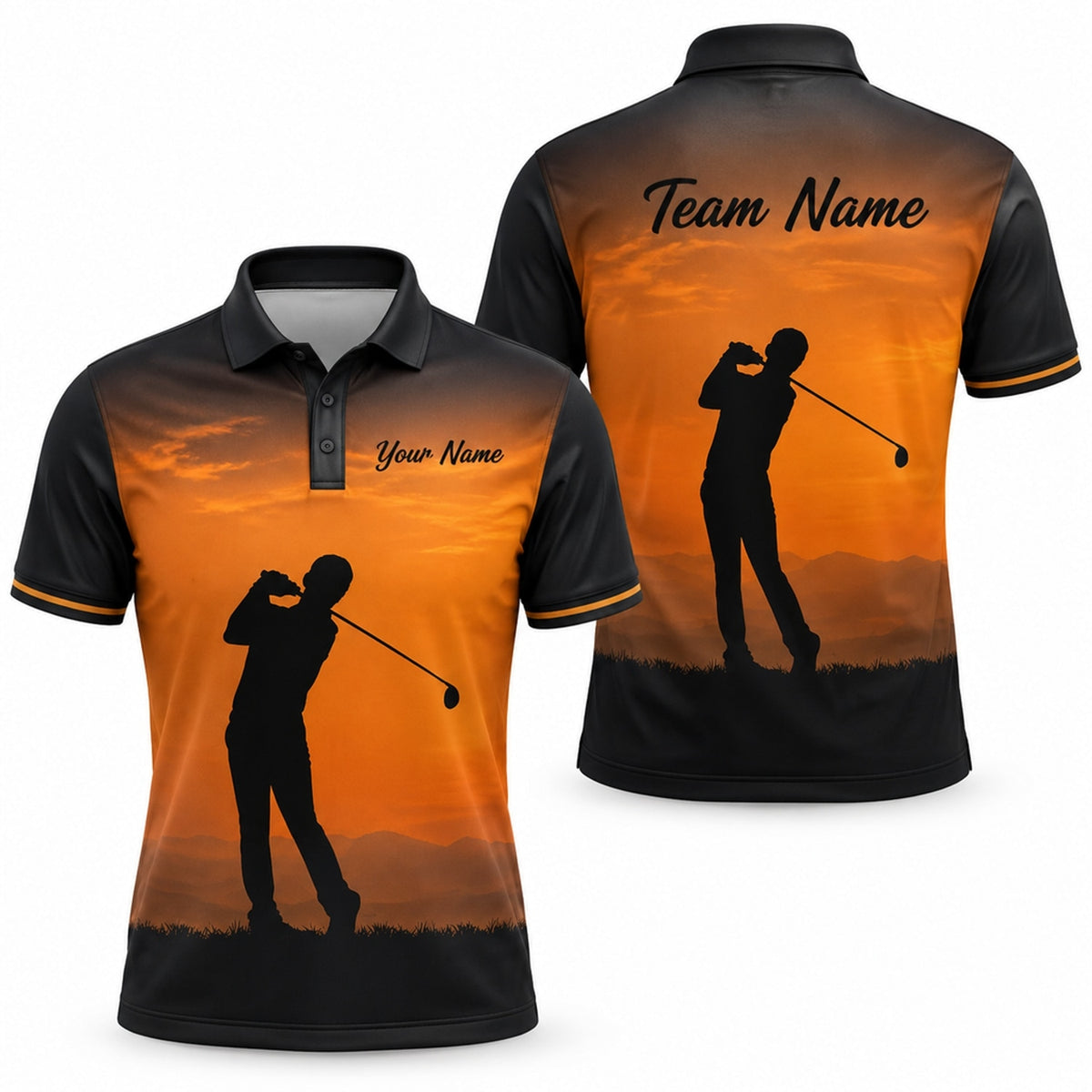 Golfer Silhouette Sunset Sport Personalized Golf Polo Shirt