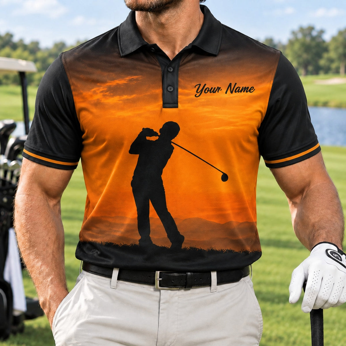 Golfer Silhouette Sunset Sport Personalized Golf Polo Shirt Front View