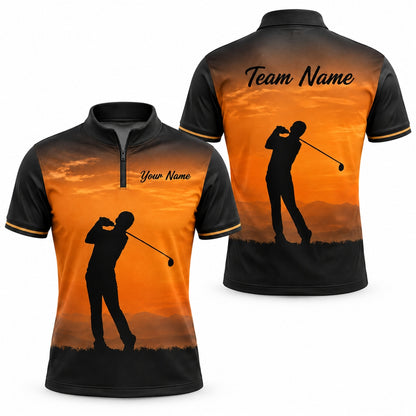 Golfer Silhouette Sunset Sport Personalized Golf Polo Shirt Jersey Zip 1 4 Collar